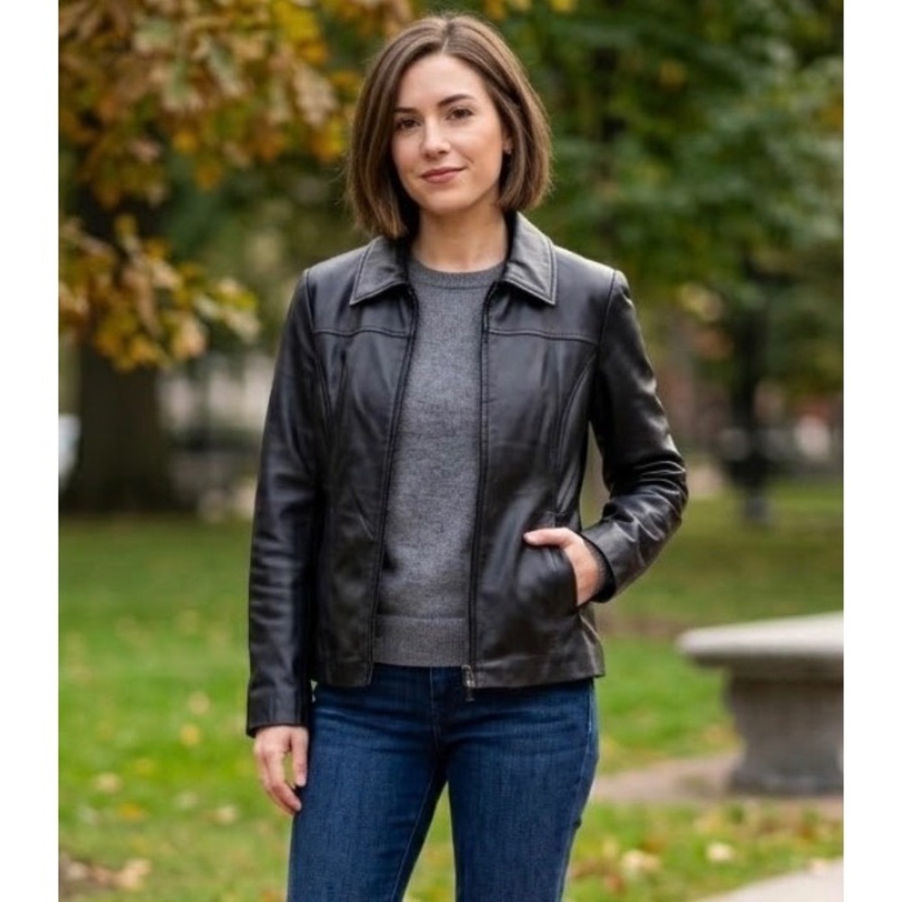 Y2K Worthington Petite XS Black Genuine Lambskin Leather Quilted Zip Jacket‎ NWT